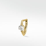 Lark & Berry 14k gold knife-edged hoop earring featuring a brilliant hexagonal-cut diamond on a white background.