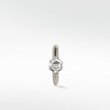 Front view of the Modernist Hexagonal Diamond Knife Edged Hoop in 14k white gold, showcasing the unique hexagonal diamond.
