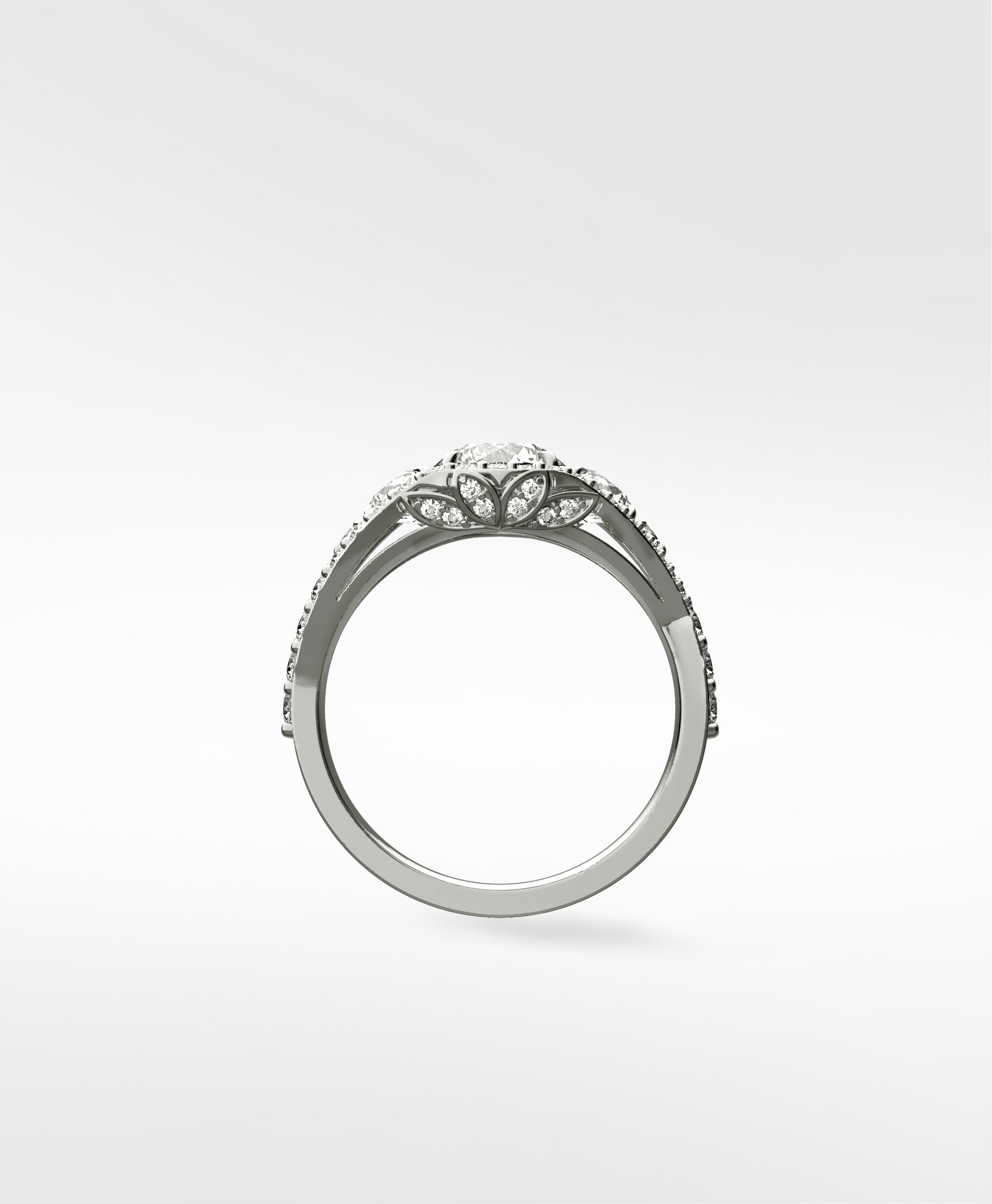 Side profile of the Torreya Diamond Engagement Ring in platinum, showing its pavé split shank and intricate diamond floral gallery.