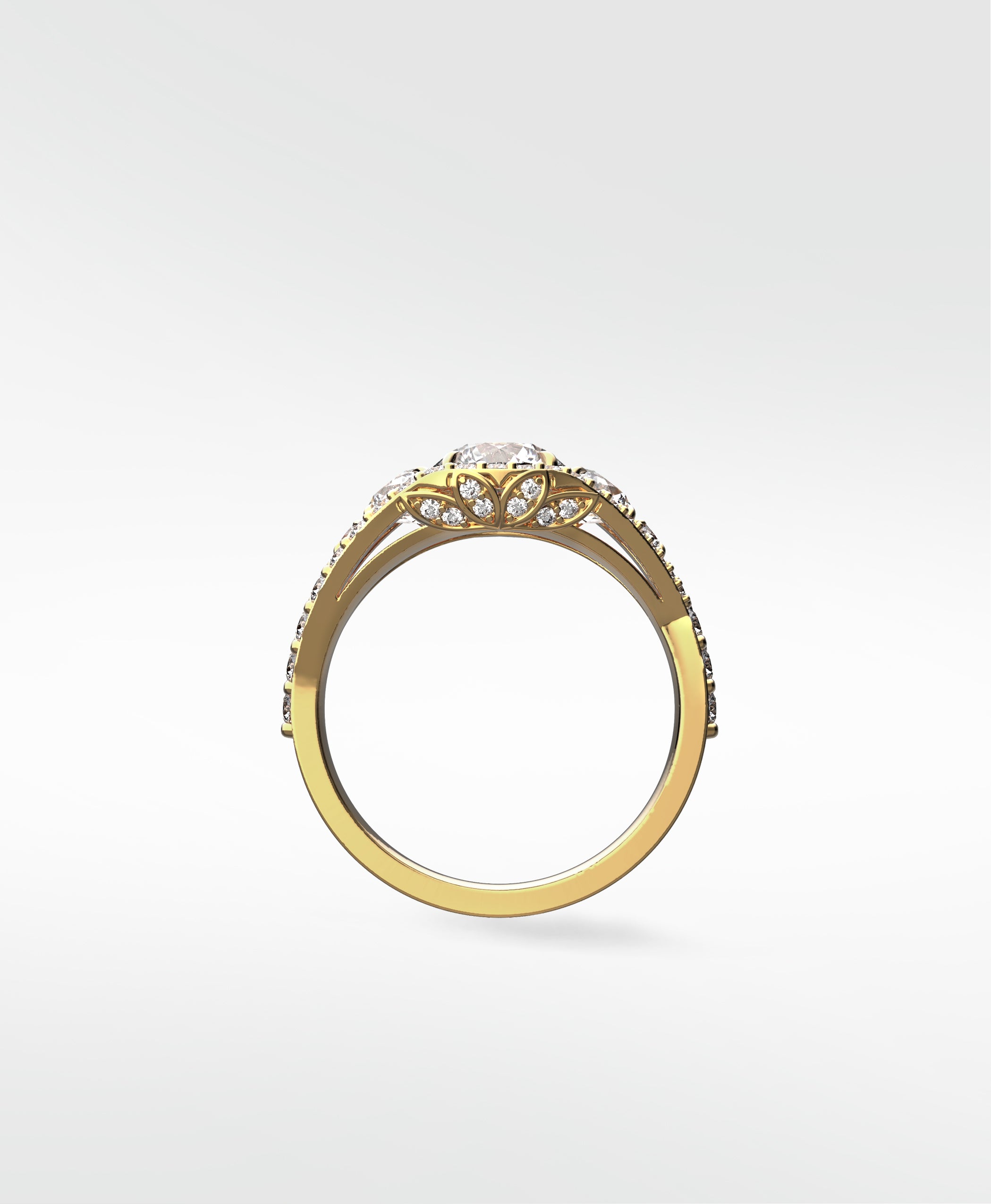 Side view of the Torreya diamond engagement ring in yellow gold with a pavé split shank band and intricate floral setting.