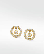 A pair of Modernist Shimmer Stud Earrings in 14K gold with pavé diamonds and a central dangling cultured diamond.